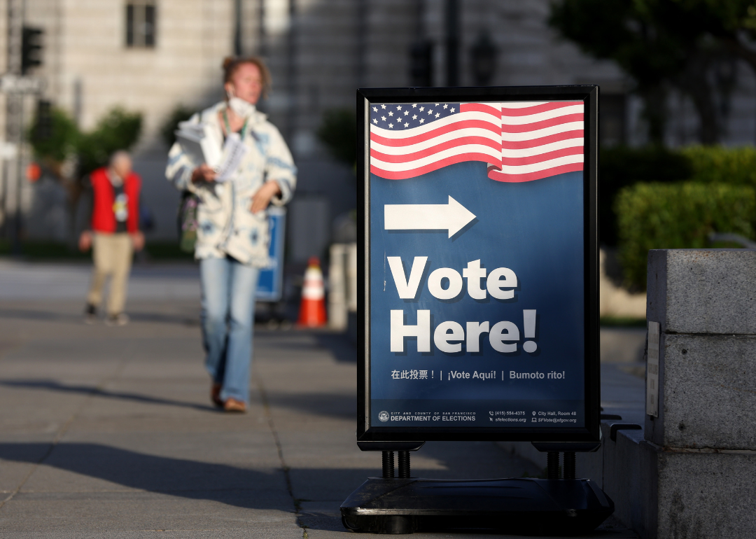 'Vote here!’ sign in front of polling station