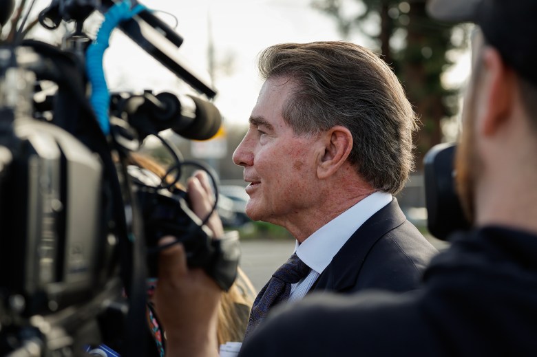 Steve Garvey, former first baseman for the San Diego Padres and Los Angeles Dodgers, speaks with media in Sacramento on Jan. 17, 2024. Garvey is running as a Republican candidate for the U.S. Senate. Photo by Fred Greaves for CalMatters