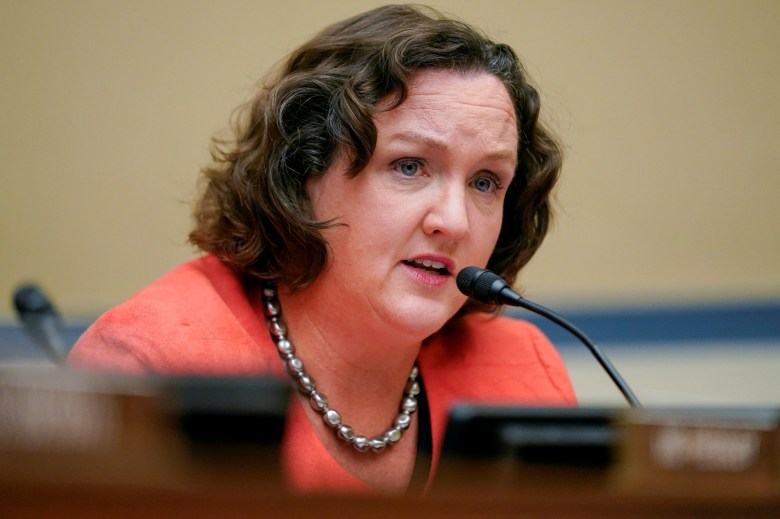 U.S. Representative Katie Porter speaks during a House Committee on Oversight and Reform hearing on Capitol Hill in Washington on June 8, 2022. Photo by Andrew Harnik/Pool via REUTERS