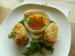 Shrimp and bechamel croquette with tomato salsa at Bamboo Izakaya, a new restaurant from the folks behind Ozumo and Sonoma Wine Garden. (John Blanchette editor@www.smdp.com)