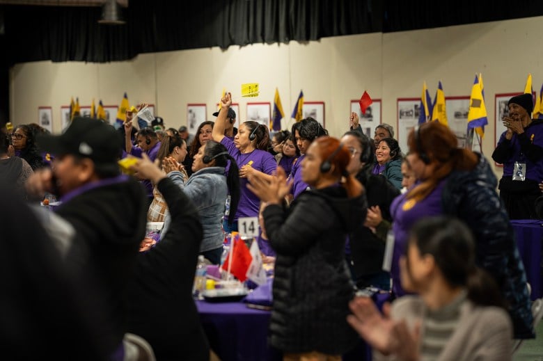 Workers applaud at the end of a panel lead by Joseph Bryant, Executive Vice President SEIU, at the California Fast Food Workers Union SEIU Membership Launch Event in Los Angeles on Feb. 9, 2024. Photo by Jules Hotz for CalMatters