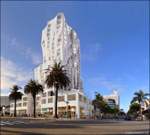 Frank Gehry designed this hotel proposed for the corner of Santa Monica Boulevard and Ocean Avenue. (File rendering)