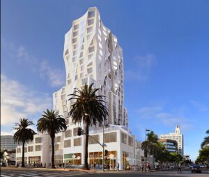 Frank Gehry designed this hotel proposed for the corner of Santa Monica Boulevard and Ocean Avenue. (File rendering)