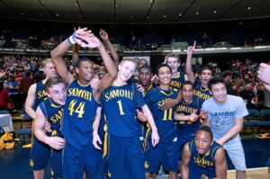 Samohi's boys' basketball team celebrates after winning the CIF-SS Division 1A title. (Photo by Morgan Genser)