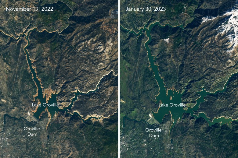 Satellite images of Lake Oroville. Photos via NASA Earth Observatory