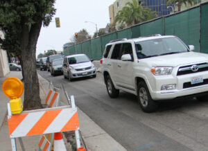 Traffic stacks up on a portion of Colorado Avenue that was recently reduced to just one westbound lane to make way for the upcoming Expo Light Rail line that is slated to make its way to Santa Monica in 2015. Residents again stated in a citywide survey that traffic remains one of the biggest issues confronting the city. (Photo by Daniel Archuleta)