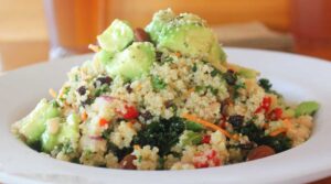 Veggie Grill's quinoa power salad, which contains quinoa, kale, fennel, mint, white beans, avocado, almonds, and currents, with a citrus vinegar dressing. (Michael Ryan michael@www.smdp.com)