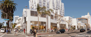 A rendering of the proposed hotel and condominium project designed by famed architect Frank Gehry for the corner of Ocean Avenue and Santa Monica Boulevard.  (Gehry Partners, LLC)