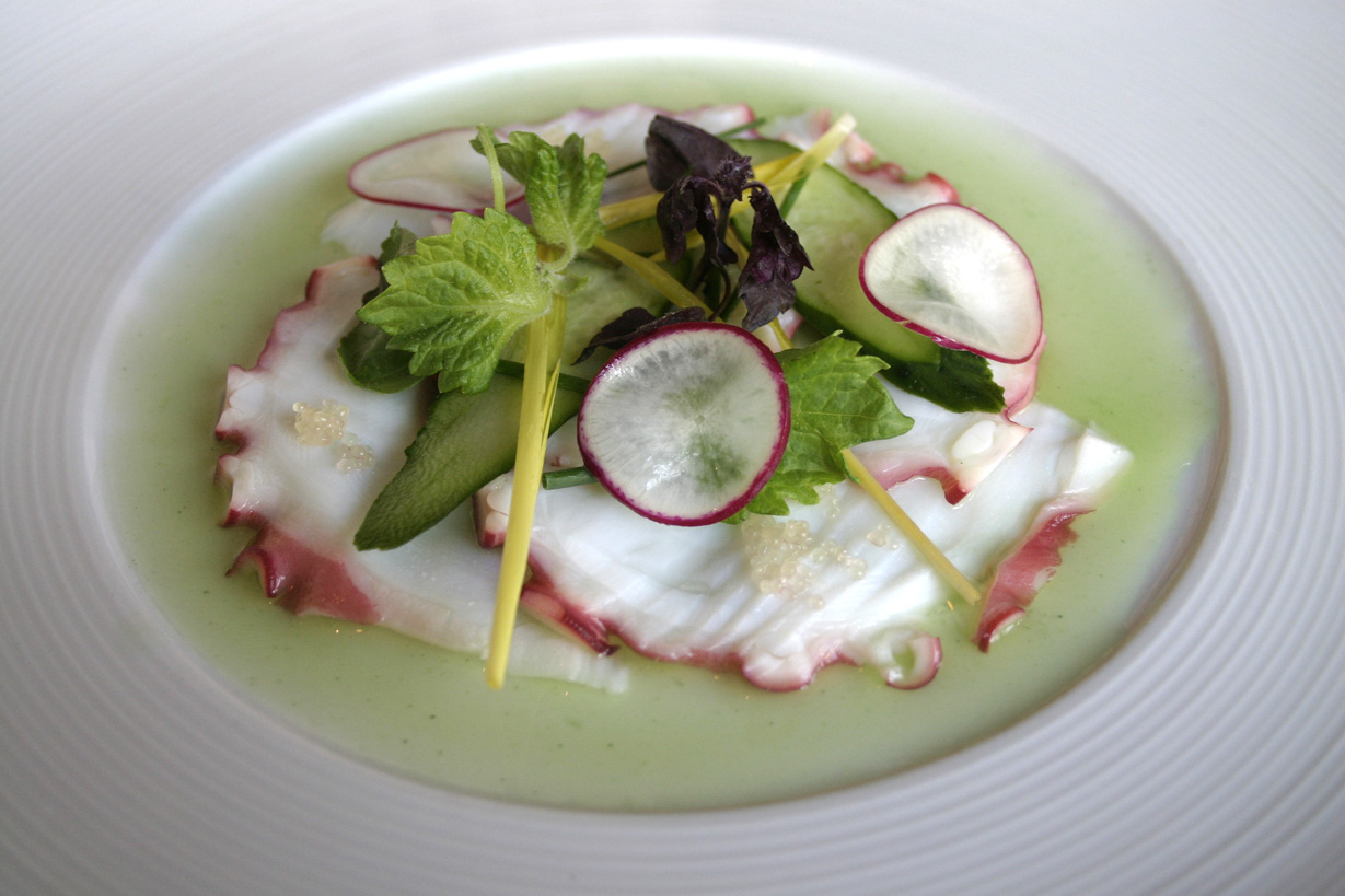 Octopus sashimi Kyoto style. The plate was presented like a picture, with green sauce framing the slices of octopus and radish. The taste  of the herb vinaigrette includes a mild citrus flavor perfectly complementing the mild flavor of the octopus. (Kevin Herrera kevinh@www.smdp.com)