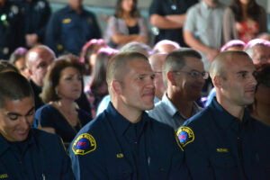 NEW DUDES: The Santa Monica Fire Department held a graduation ceremony on Saturday to welcome eight new firefighters. Several speakers, including Fire Chief Scott Ferguson, addressed the crowd of friends and family. (Matthew Hall matt@www.smdp.com)