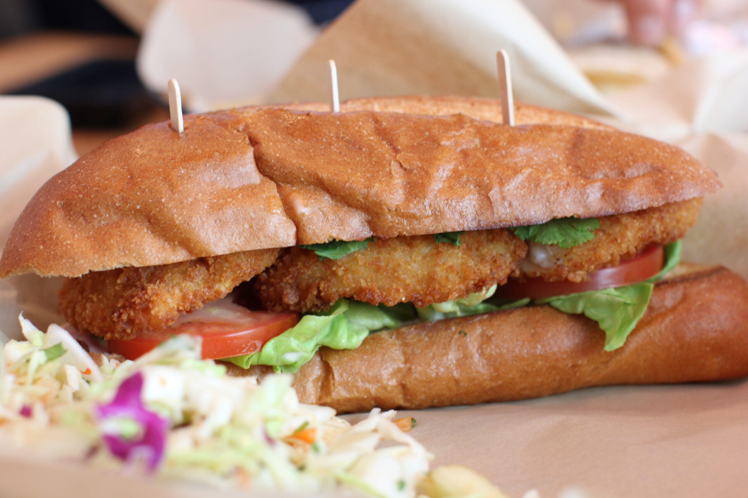 Seasalt's fried shrimp po'boy with coleslaw. (Michael Ryan michael@www.smdp.com)