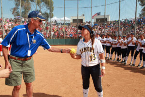 Samohi's Sara Garcia (right) receives a game ball on Saturday after losing to Hemet in the CIF-SS Division 4 championship game. (Photo by Wendy Perl)