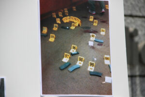 A photo provided by the Santa Monica Police Department shows a significant number of spent shell casings, full ammo clips and blood at the Santa Monica College Library.