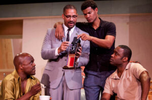 Ty Jones (as Sam Cooke), Jason Delane (as Malcom X), Matt Jones (as Cassius Clay), and Kevin Daniels (as Jim Brown) in Rogue Machine's 'One Night in Miami' by Kemp Powers.