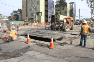 A crew works on the Expo Light Rail Line. (Daniel Archuleta)