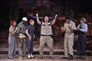 PRACTICE: The Athenian tradesmen (Marcella Letz Pope, Desean Terry, Jenna Johnson, Michael Manuel, Brian Joseph, Jason Frank) rehearse a scene from 'A Midsummer Night's Dream.' (Courtesy Michael Lamont)