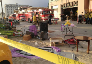 Los Angeles Fire Department personnel survey the aftermath of an incident that left one tourist dead in Venice on Saturday. (Photo courtesy Byron Kennerly)