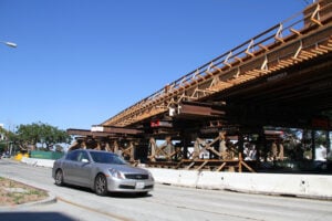 A bridge over Olympic and Cloverfield boulevards is currently under construction for the forthcoming Expo Light Rail Line. (File photo)