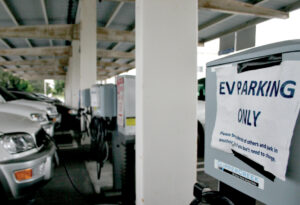 JUICED: City Hall's fleet of electric vehicles line the Civic Center charging station. (File photo)