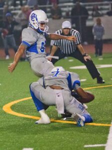 Culver City kicker Nico Melendez connects on a field goal in overtime to defeat Santa Monica on Friday. (Paul Alvarez Jr.)