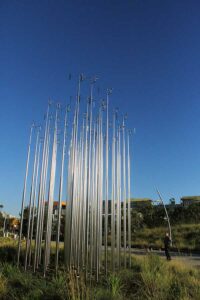 A man views the 'Weather Field No. 1' sculpture at Tongva Park in November. (Daniel Archuleta daniela@www.smdp.com)