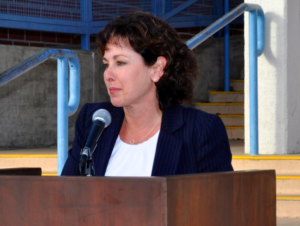 SMMUSD Superintendent Sandra Lyon addresses the media on Oct. 8 regarding concerns over environmental contaminants at Malibu High and Middle schools.  (Julie Ellerton/Malibu Times)