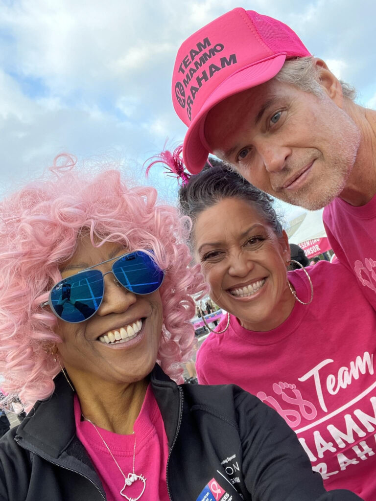 a person wearing a pink hat