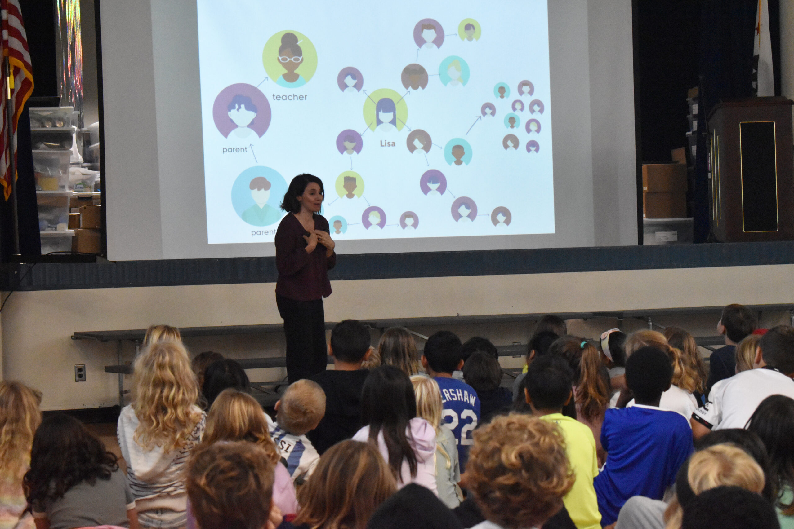 Teaching Technology: Digital media wellness educator Julia Storm speaks to 3rd and 4th-grade students during a Sept. 13 assembly. Photo by Thomas Leffler