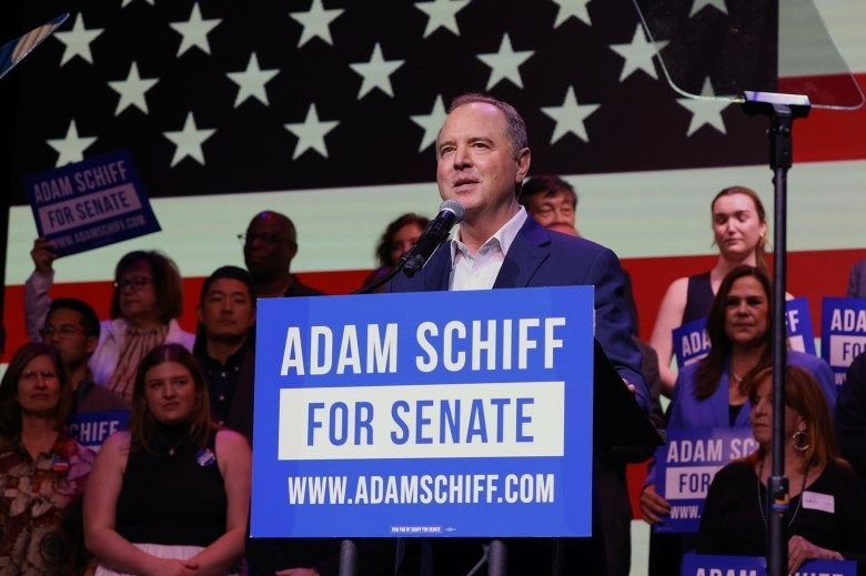 Adam Schiff addresses his supporters during an election night watch party in Los Angeles on March 5, 2024. Photo by Ted Soqui for CalMatters