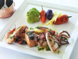 Seafood served straight forward with fresh vegetables is Chef Mede's approach at Catch. (Photo courtesy Casa del Mar)