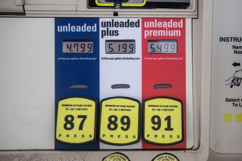 Gas prices at a filling station in west Fresno on May 7, 2024. Photo by Larry Valenzuela, CalMatters/CatchLight Local