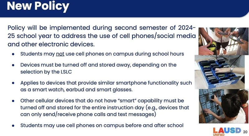 Phone: Los Angeles Unified School District will be implementing its cell phone policy in February, used as a comparison point to the SMMUSD policy. (Courtesy Graphic)