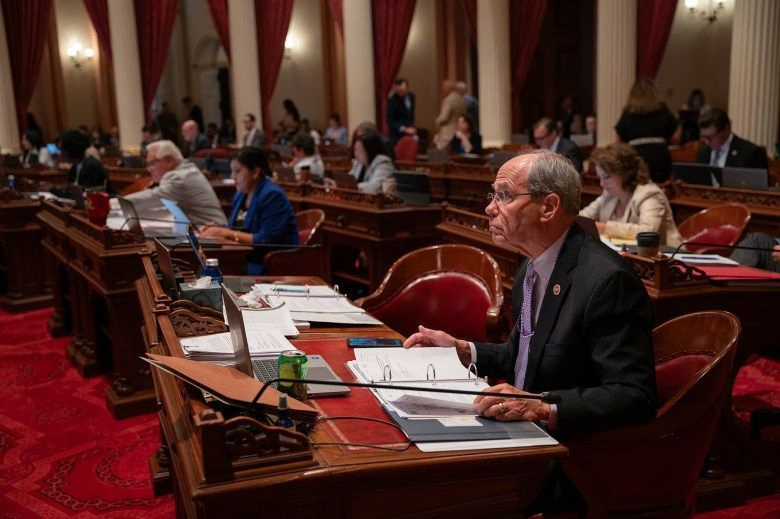 A lawmaker wearing a black suit with a purple tie and shirt looks in front of them and they sit near their desk in a room filled with other lawmakers at their desks.